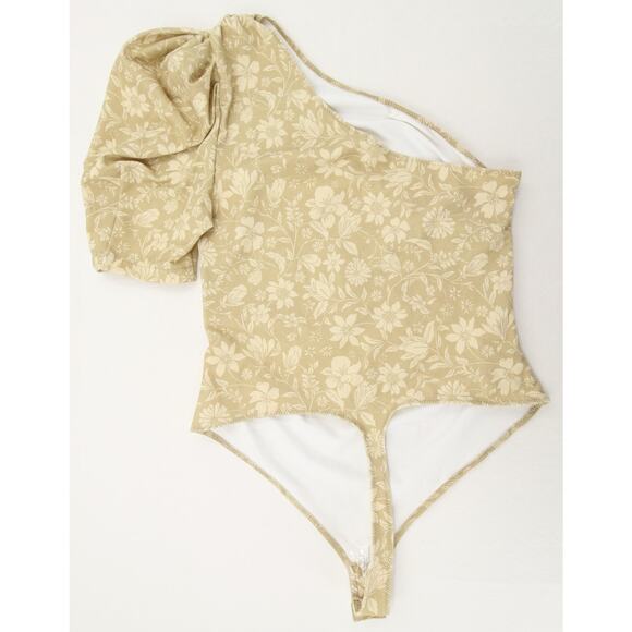 Intimately Free People Bodysuit One Shoulder Puff Sleeve Floral Green Tan NWT L - Picture 12 of 12